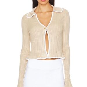 MAJORELLE Revve Beige Ribbed Long Sleeve Cardigan with White Trim